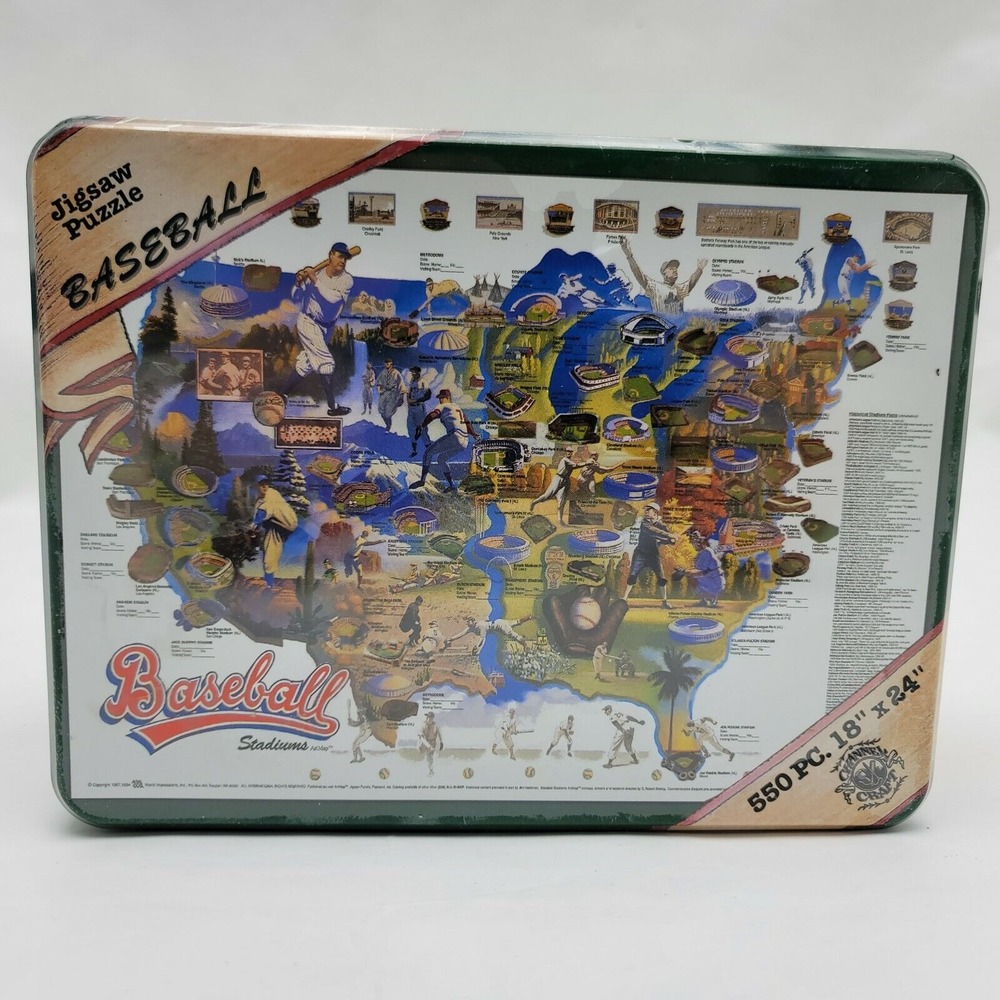 Vtg 1996 World Impressions Baseball Stadiums Artmap Jigsaw Puzzle Sealed Tin Box